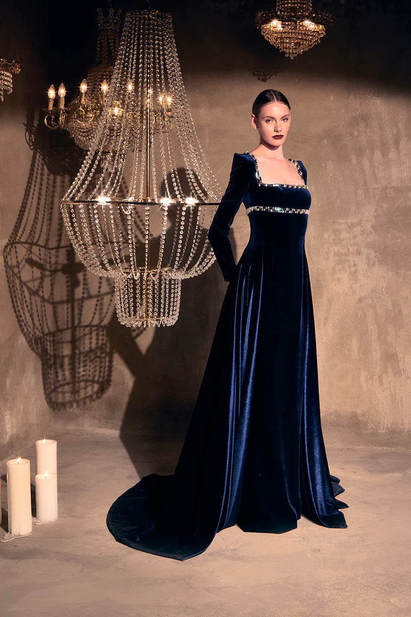 Velvet Blue Dress with Overskirt