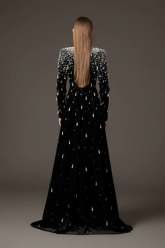 Black Velvet Dress with Overskirtβ