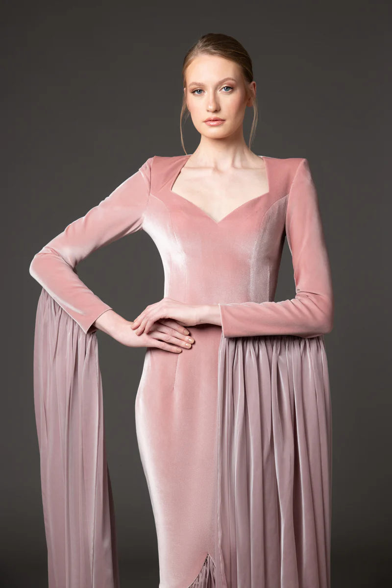 Vintage Rose Velvet Dress with Chiffon Draping