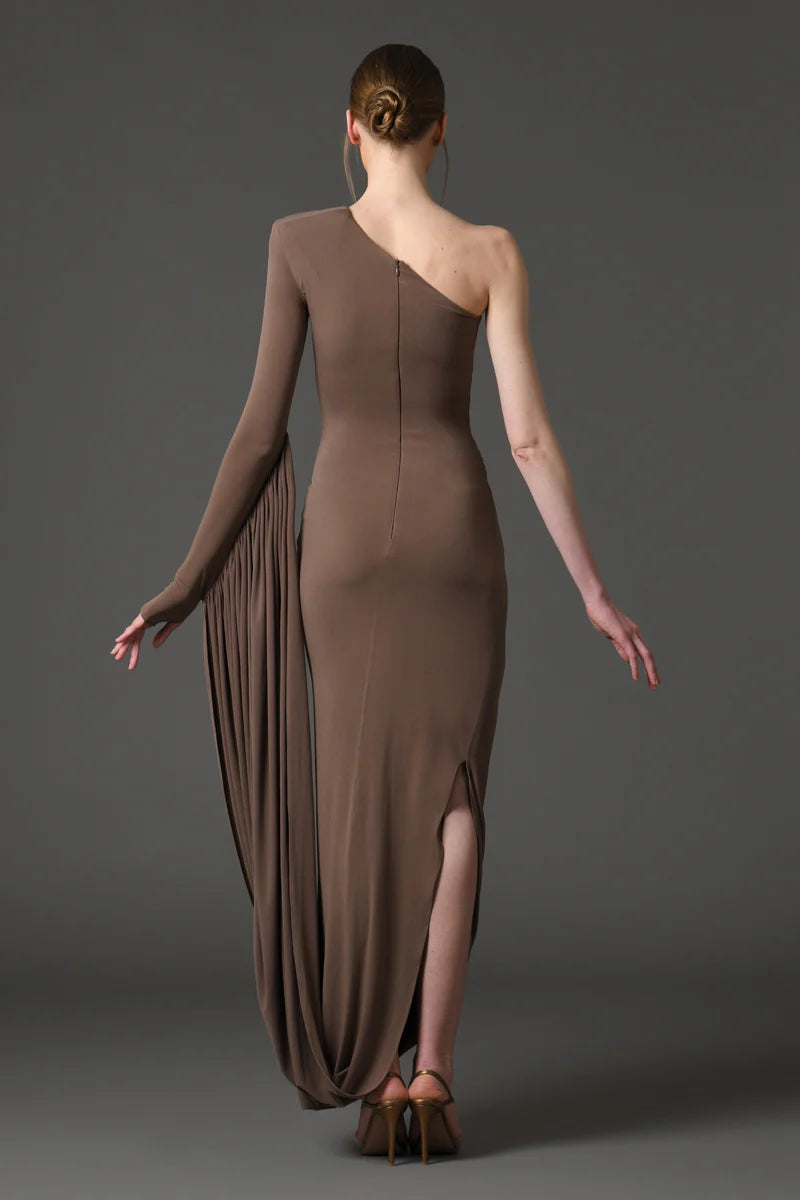 Coffee Brown Jersey Asymmetric Dress