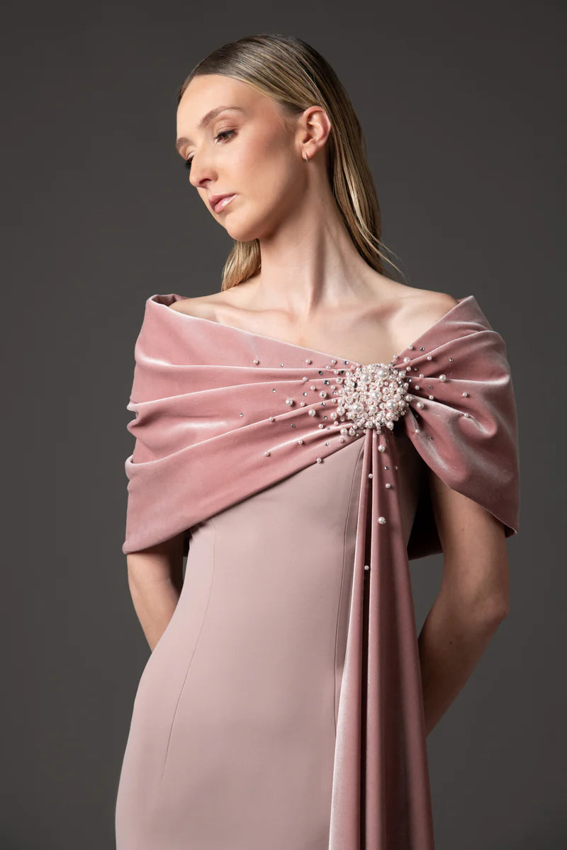 Vintage Rose Crêpe Dress with Velvet Neckline