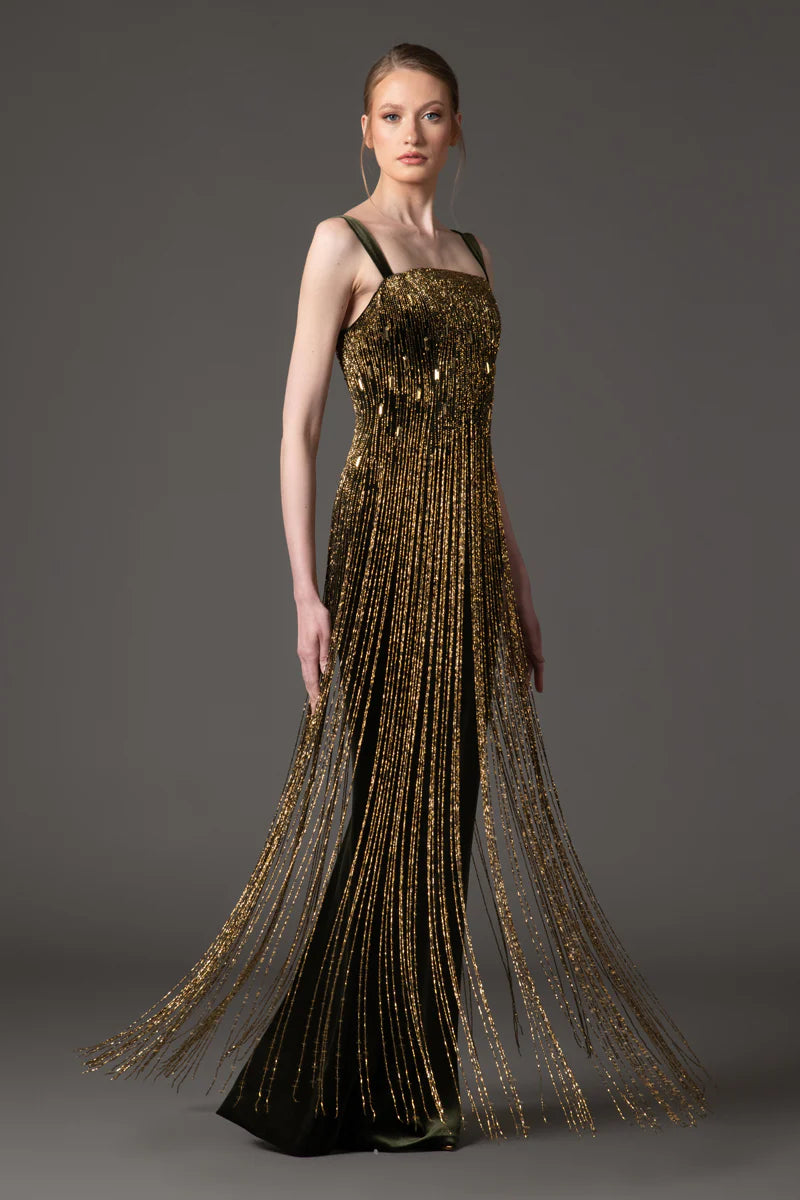 Embroidered Olive Green Velvet Dress