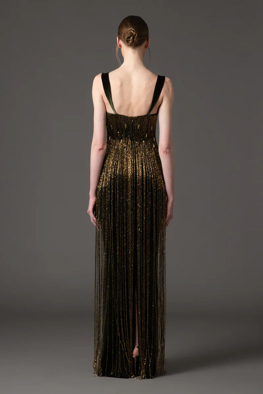 Embroidered Olive Green Velvet Dress