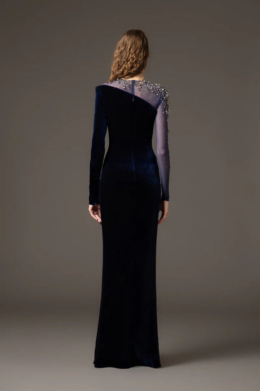 Asymmetric Velvet Blue Dress