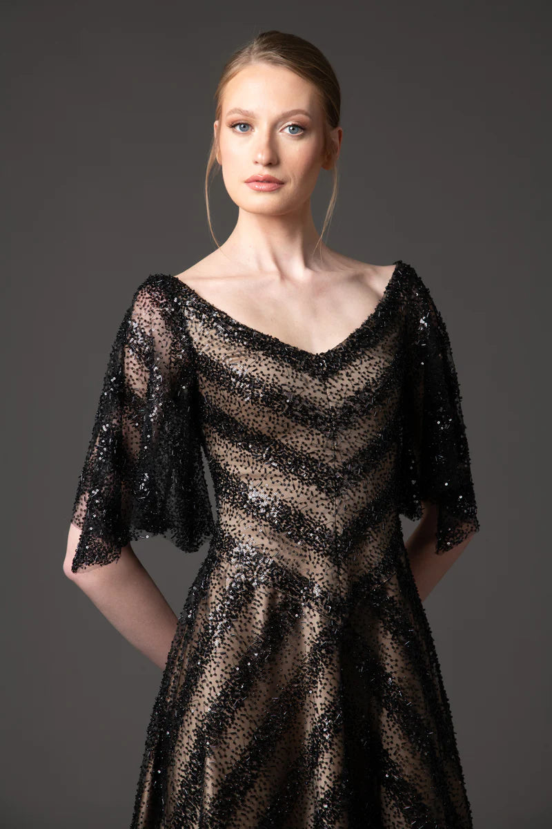 Embroidered Black Tulle Gown