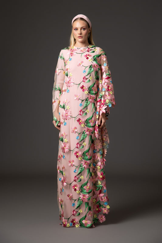 Pink Crêpe Abaya with Floral Embroidery