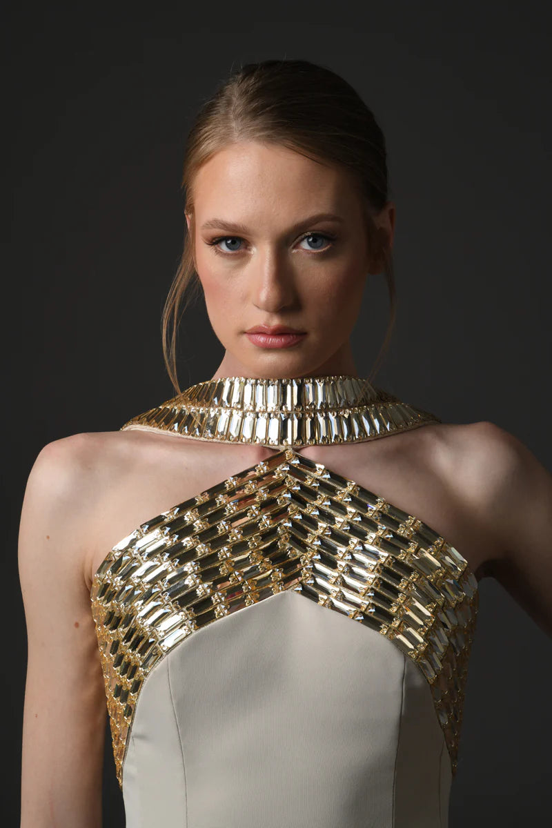 Crêpe Dress with Baguette Embroidery