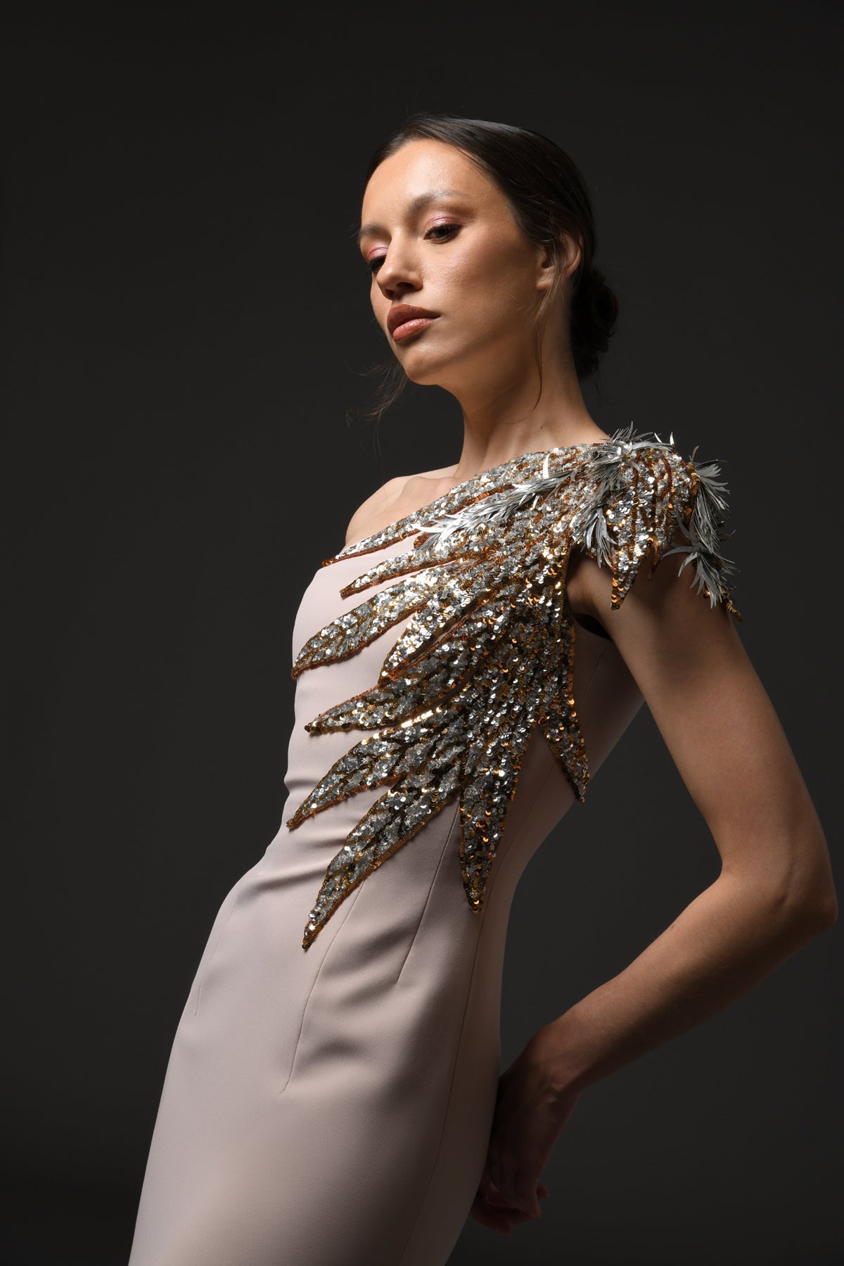 Nude Asymmetric Crêpe Dress