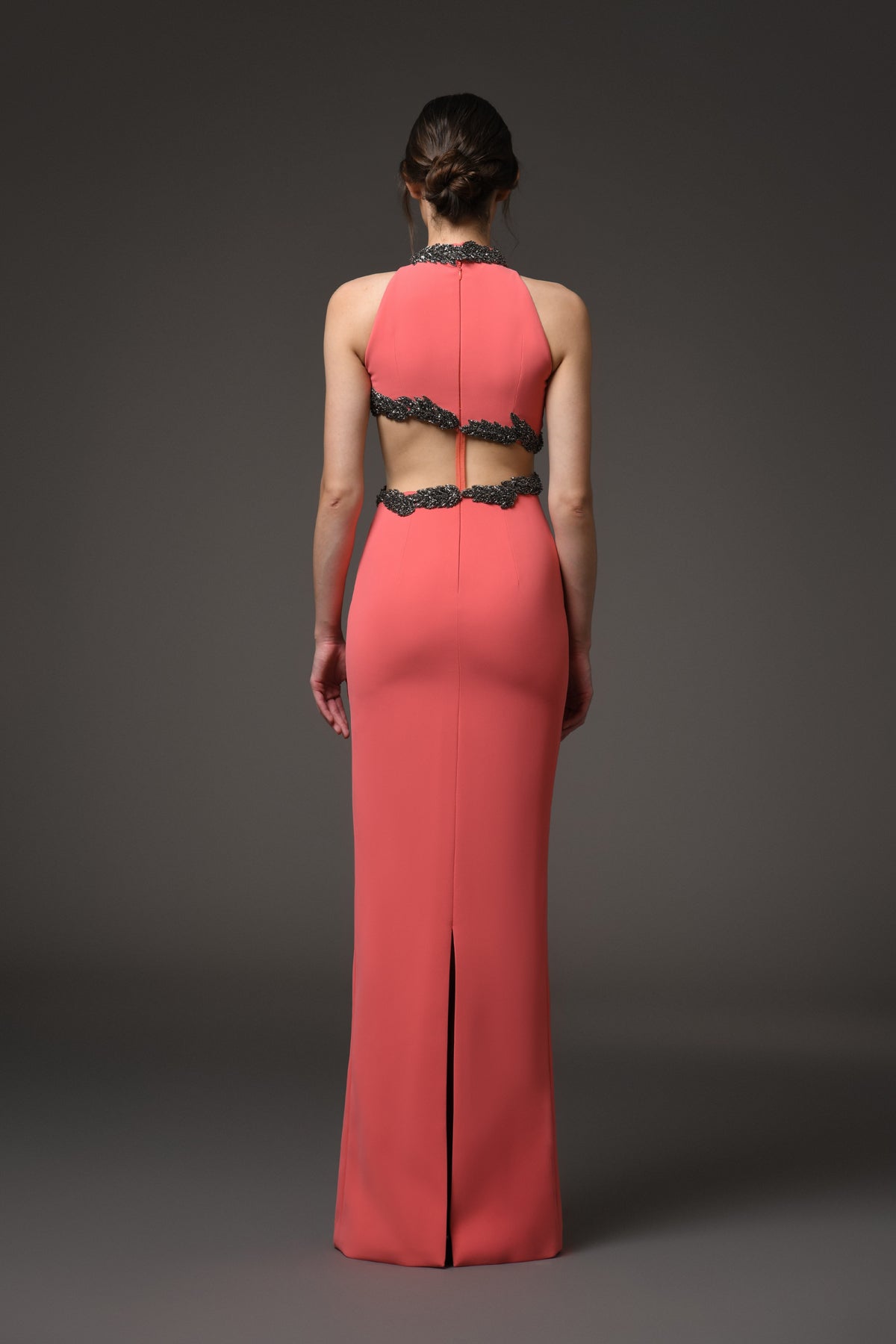 Coral Crêpe Dress with Waist Cutout