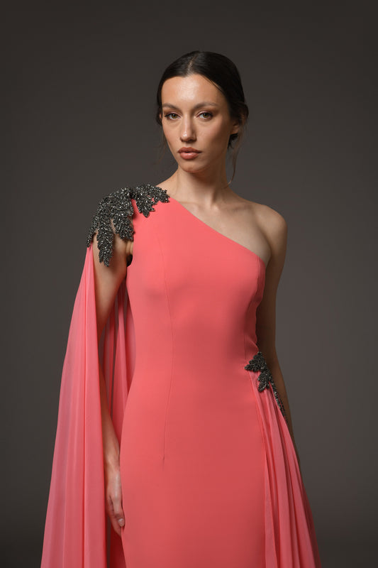 Coral Asymmetric CrΓͺpe Embroidered Dress
