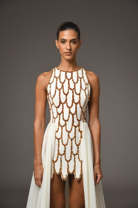 Short Crêpe Embroidered Dress with Overskirt