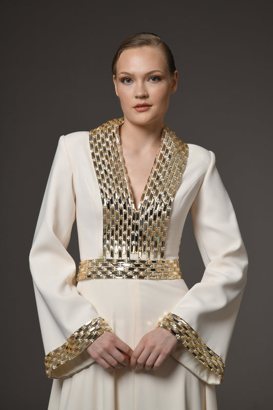 Ivory CrΓͺpe Dress with Baguette Embroidery