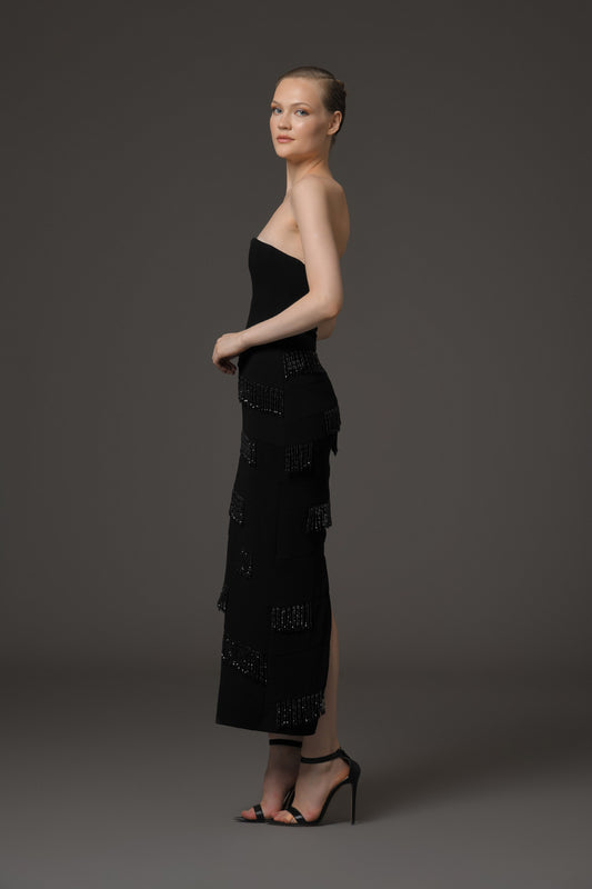 Black CrΓͺpe Dress with Layered Fringes