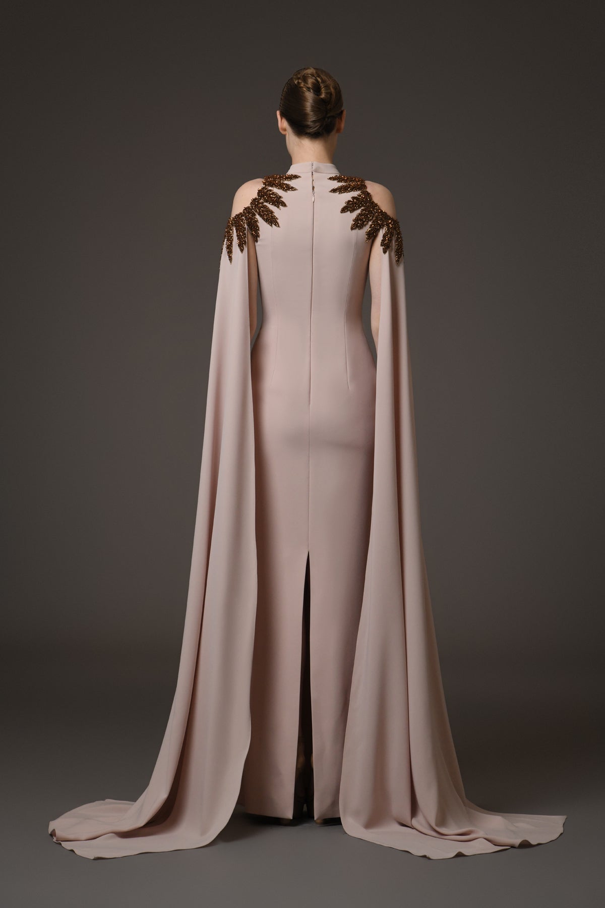 Nude Crêpe Dress with Cape Sleeves