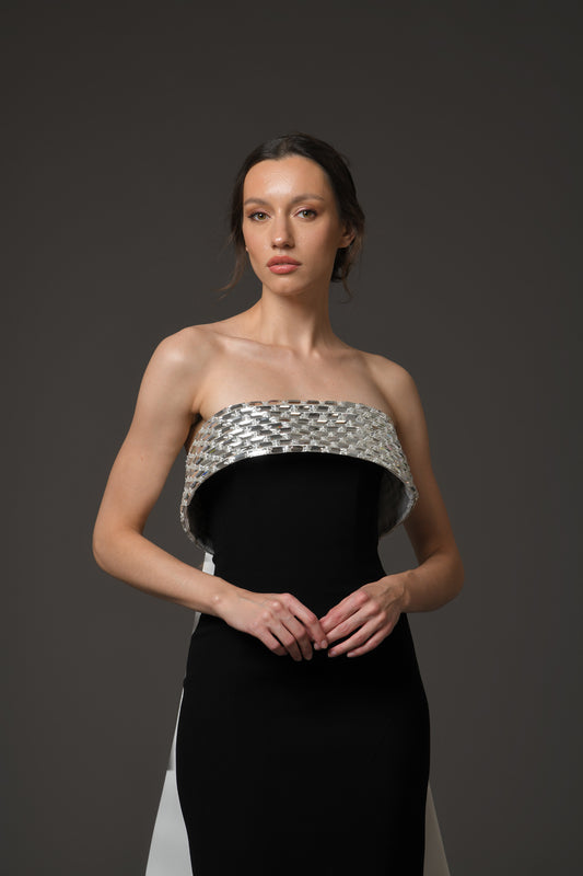 Corseted Black CrΓͺpe Dress