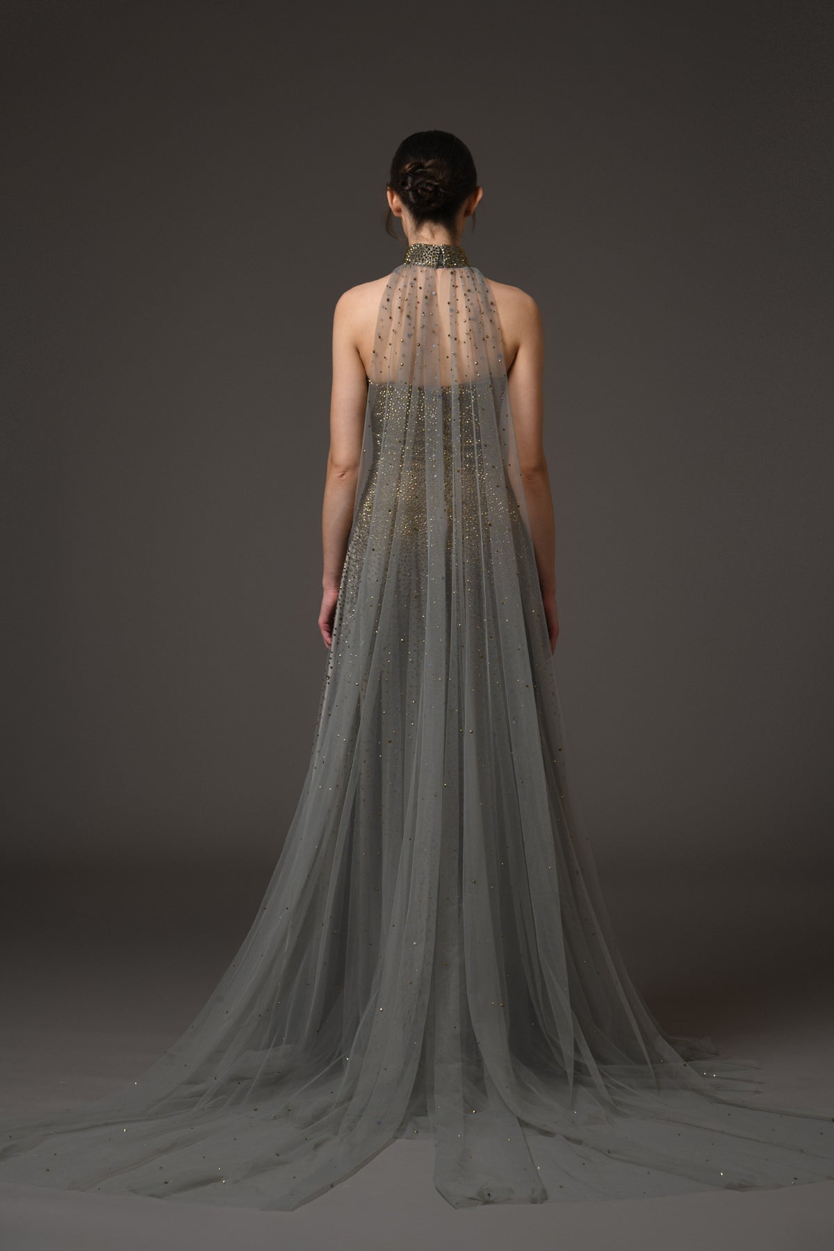 Corseted Grey Embroidered Tulle Dress