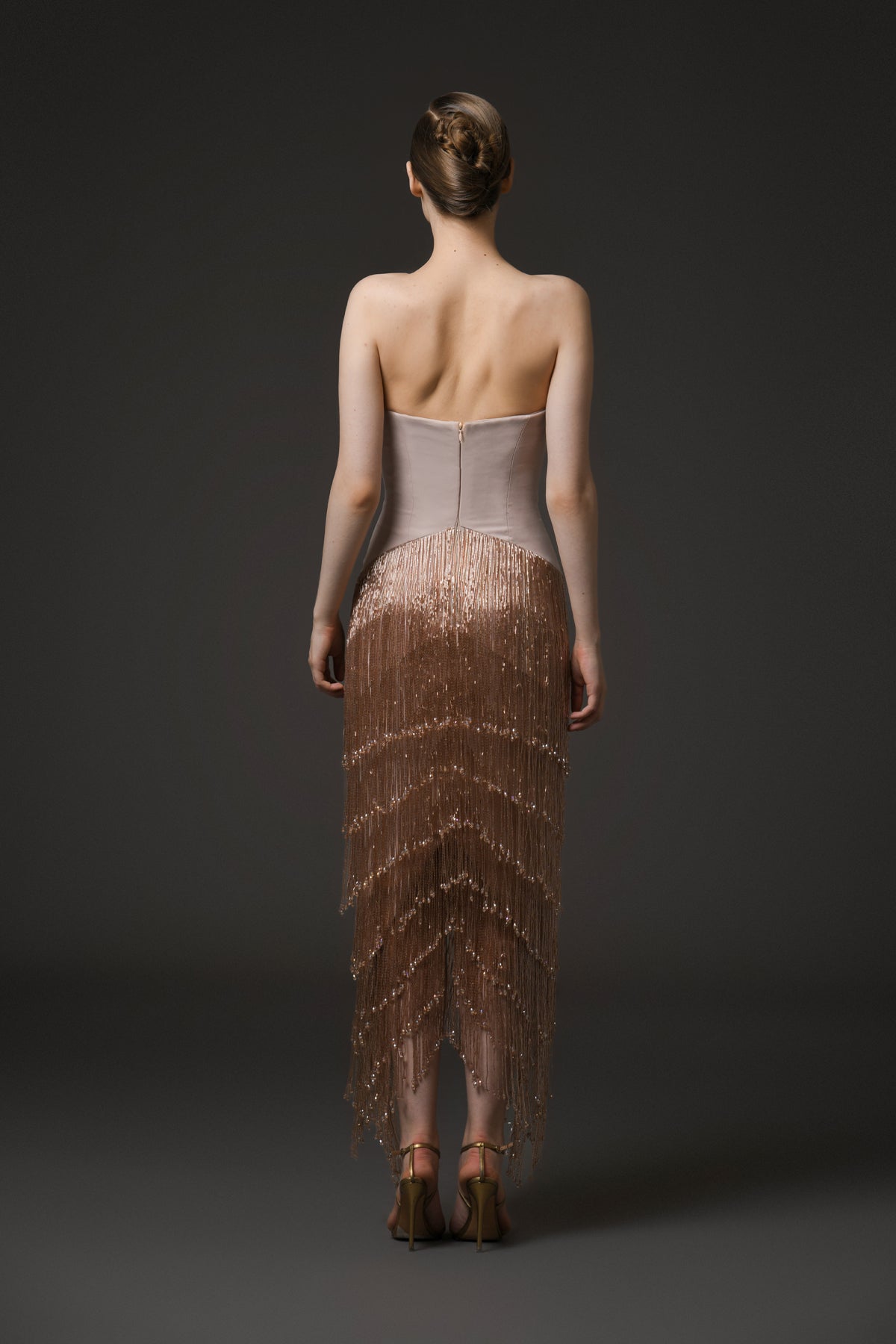 Corseted Crêpe Dress with Layered Fringes