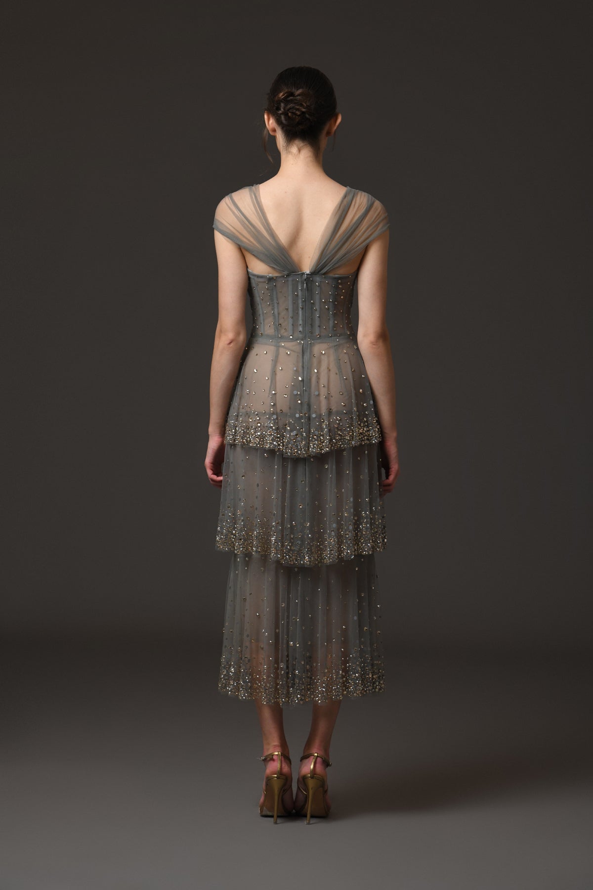 Grey Layered Tulle Dress with Embroidery