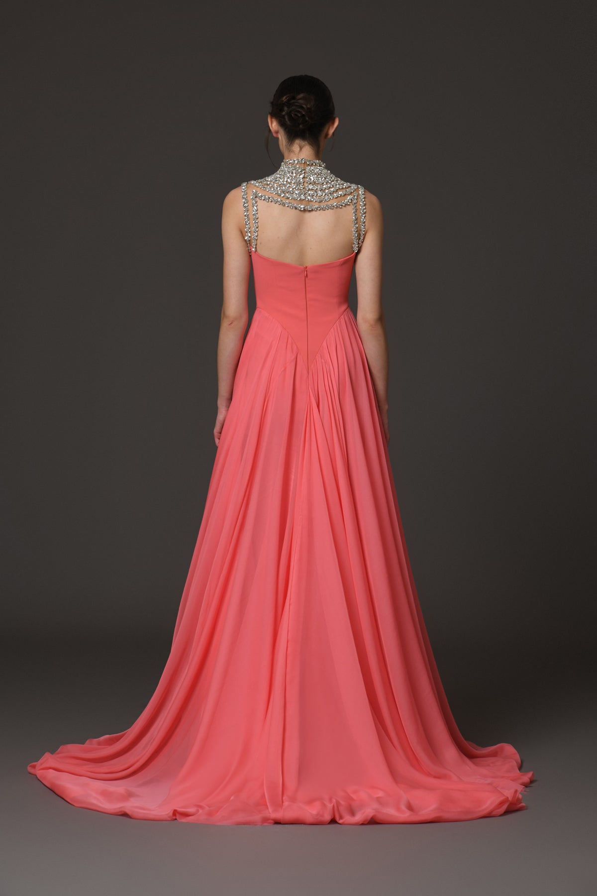 Coral Crêpe Dress with Chiffon Overskirt