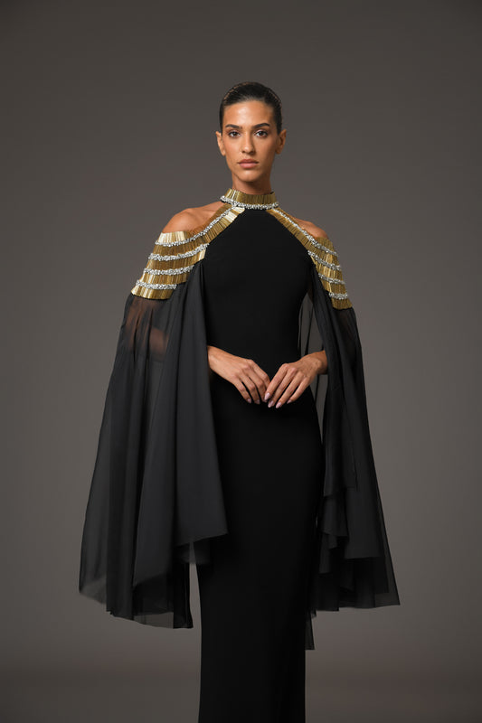 Black CrΓͺpe Dress with Cape Sleeves