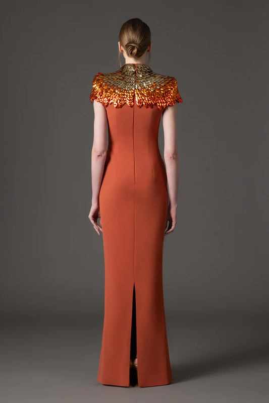 Burnt Brick Crêpe Dress with 3D Embellishment