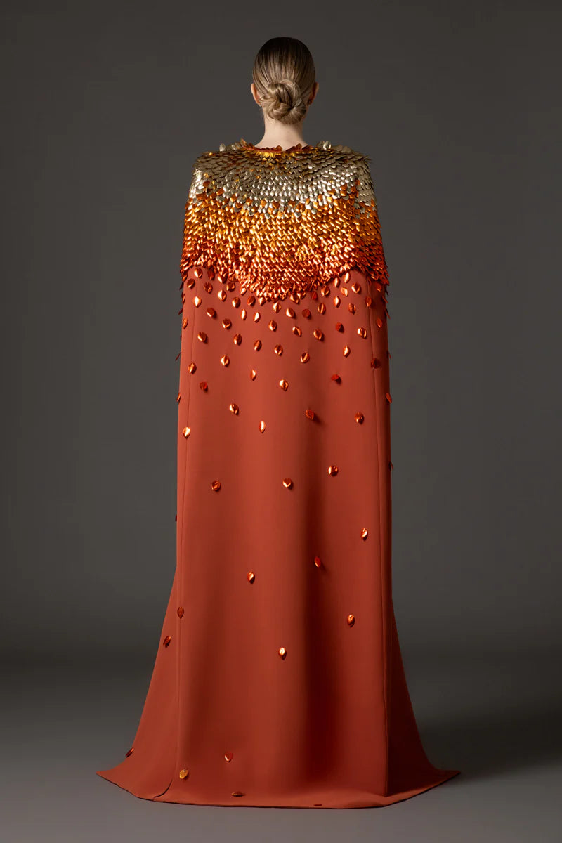 Burnt Brick Crêpe Dress with Cape