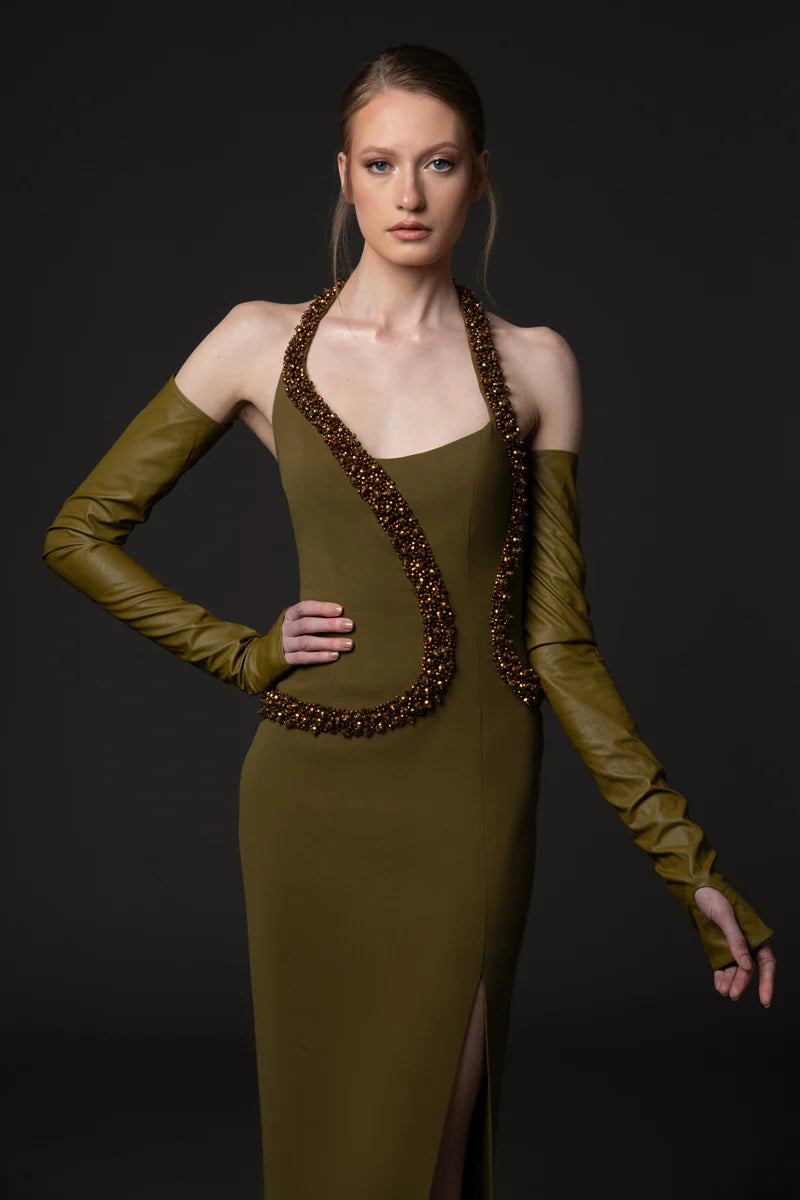 Olive Green Crêpe Dress with Embroidery