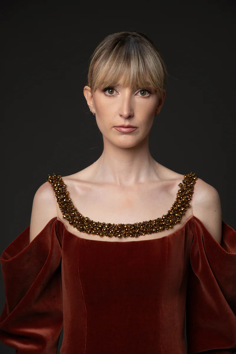 Burnt Brick Velvet Dress with Embroidery