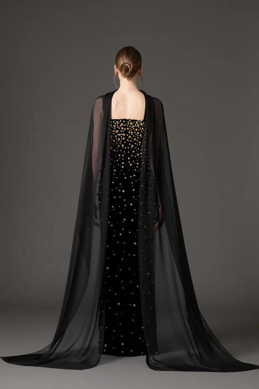 Velvet Black Dress with Chiffon Neck Scarf