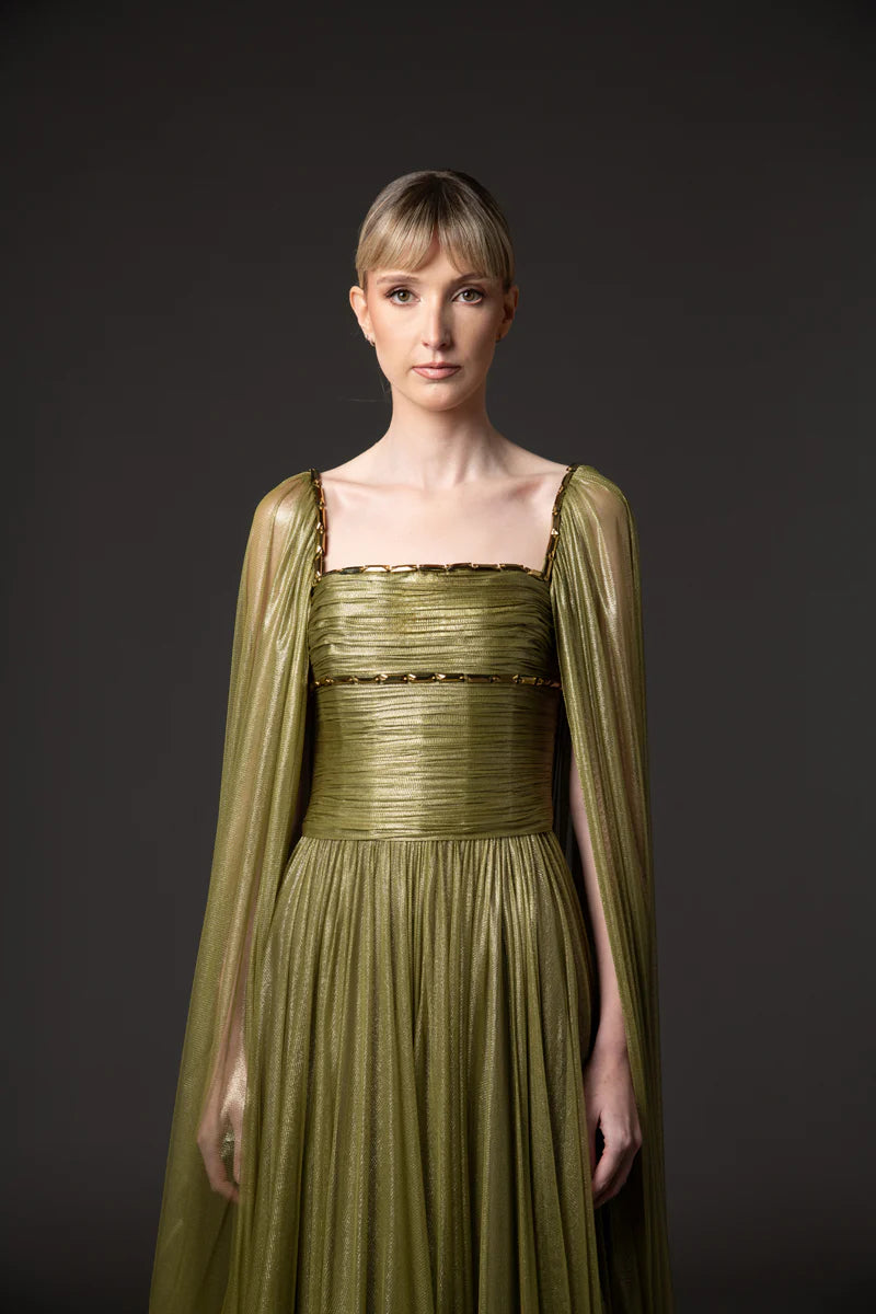 Draped Dress in Olive Green Silk Foiled Tulle