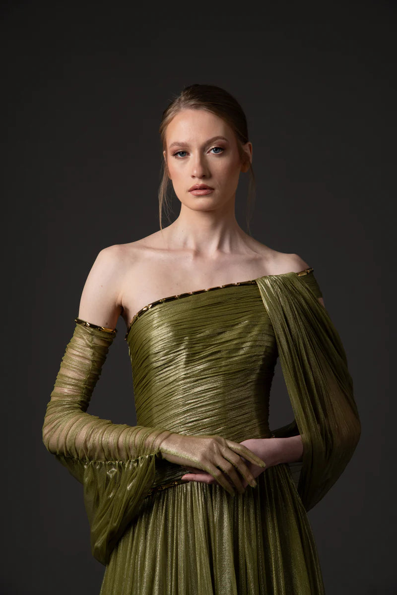 Asymmetric Draped Dress in Silk Foiled Tulle