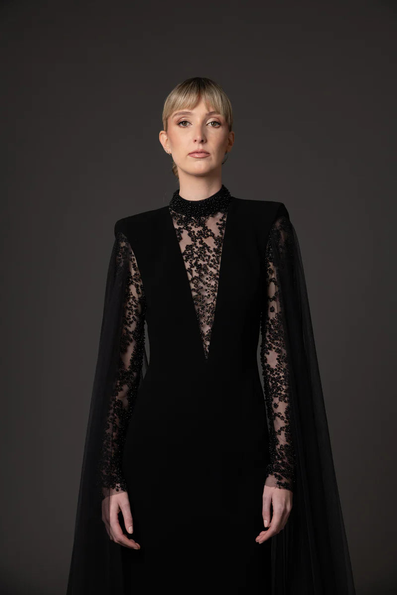 Black Crêpe Dress with Cape Sleeves