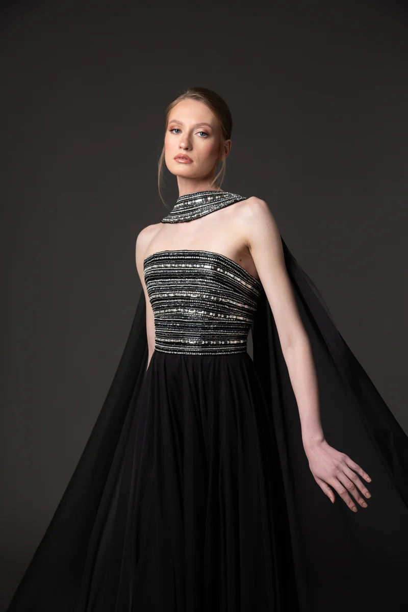 Embroidered Black Dress with Cape