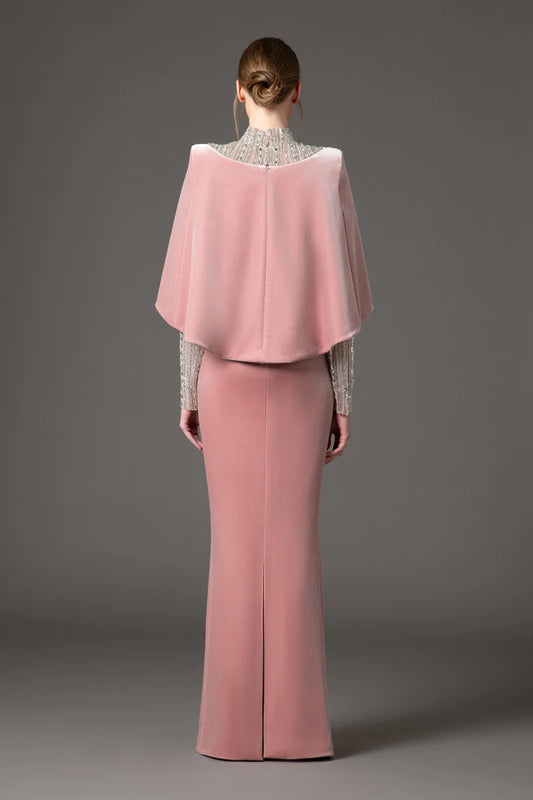 Vintage Rose Velvet Dress with Embroidery