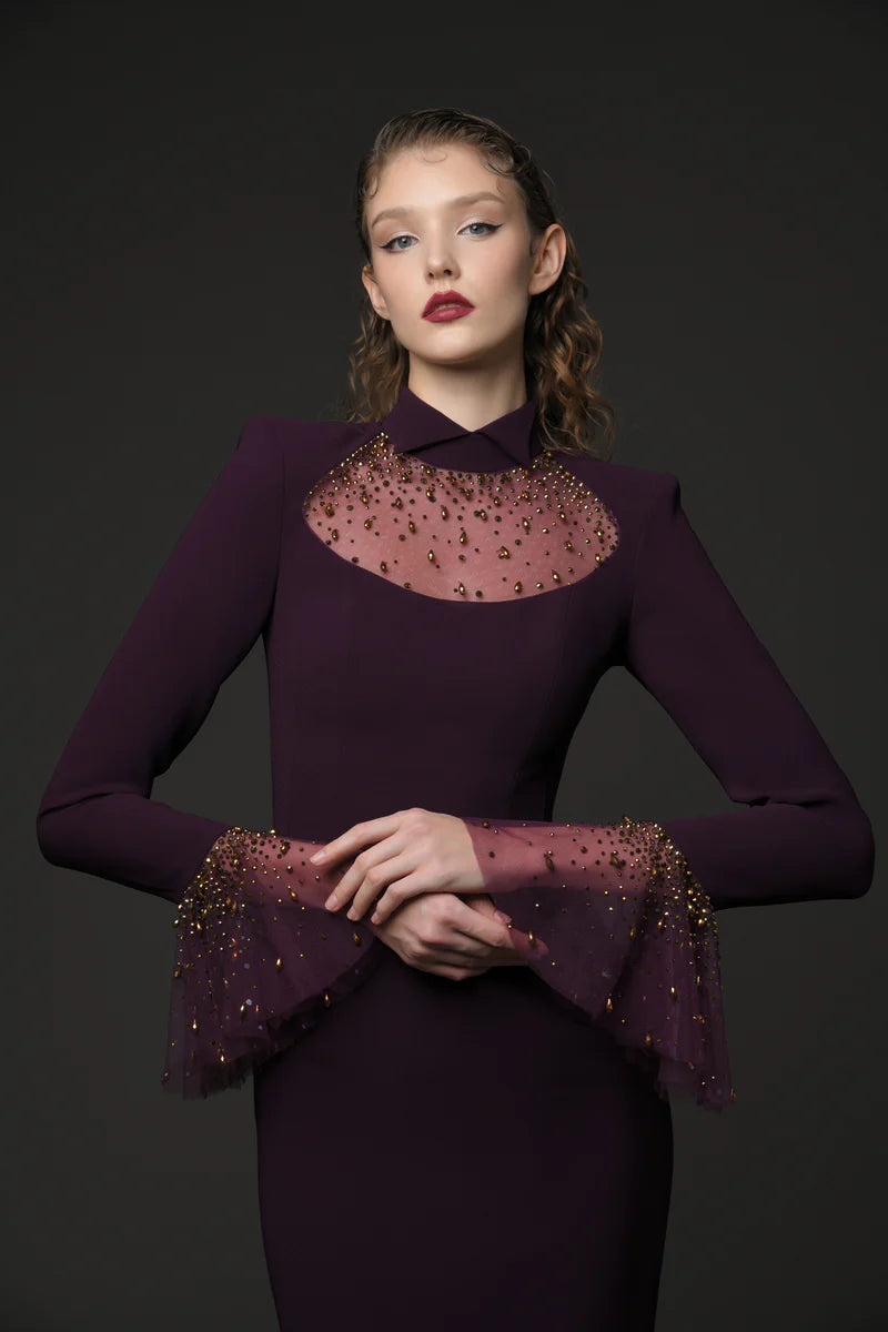 Embroidered Burgundy Crêpe Dress