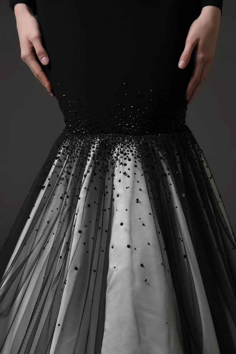 Black Crêpe Embroidered Mermaid Dress