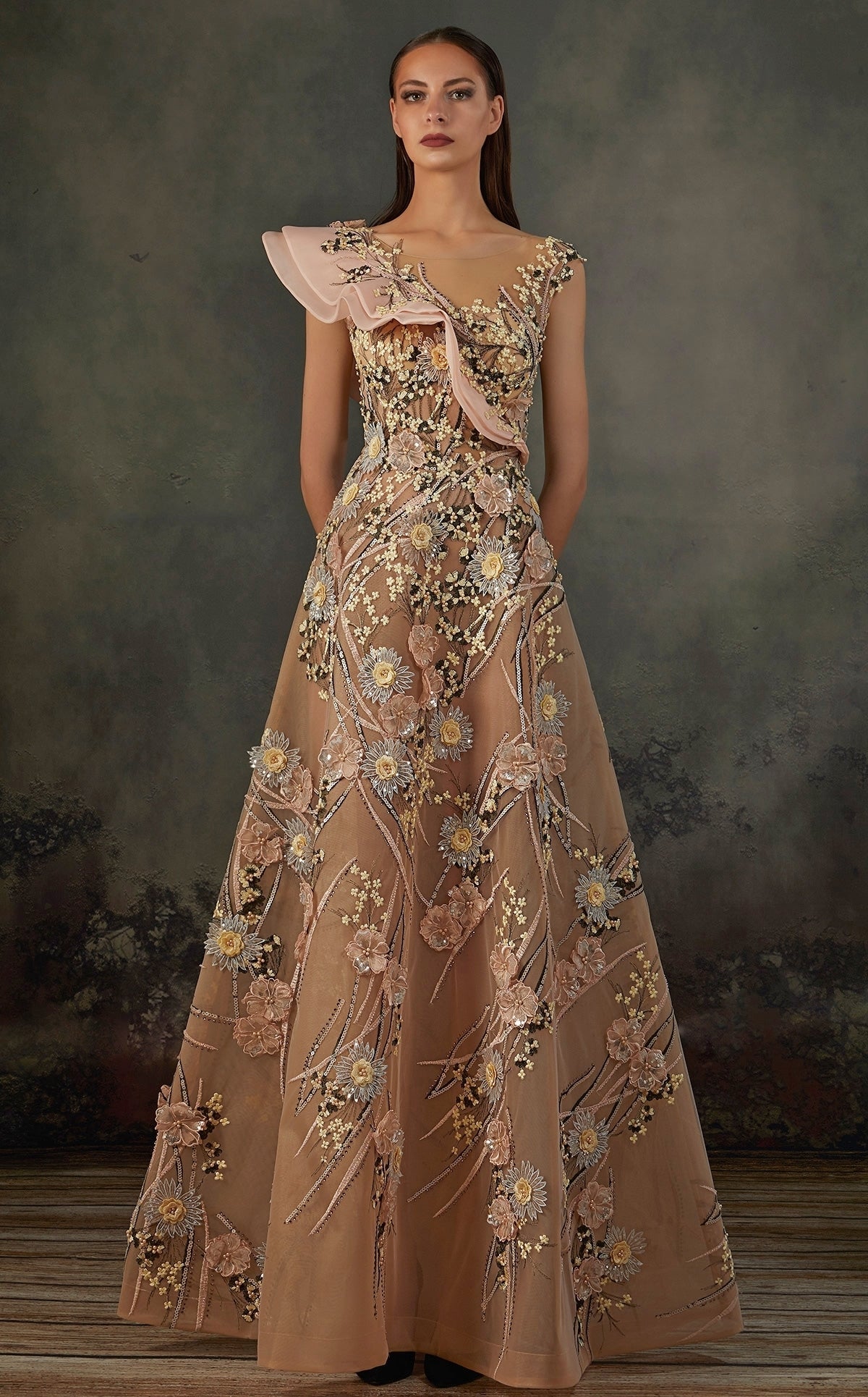 Asymmetrical Embroidered Gown