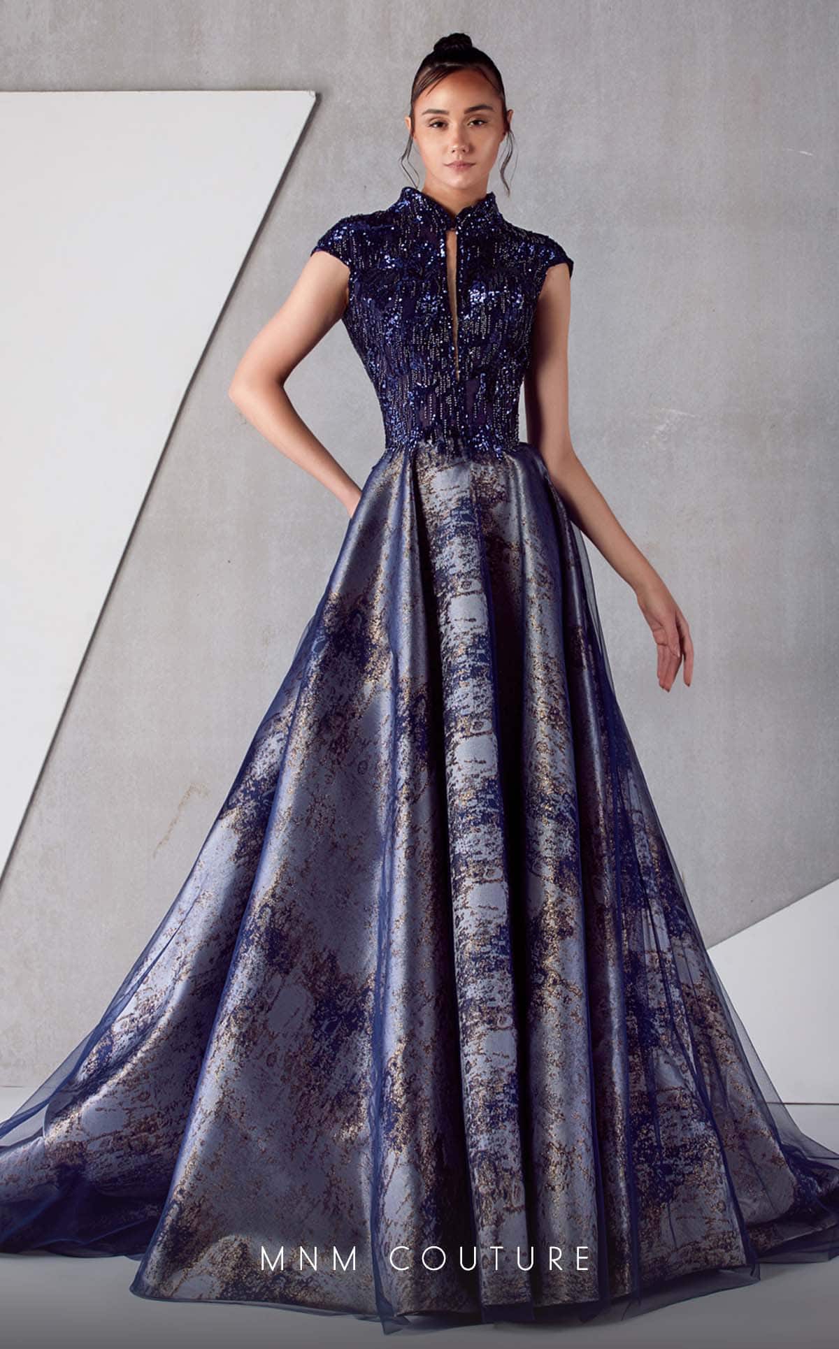 High Neck Embellished Bodice A-Line Gown