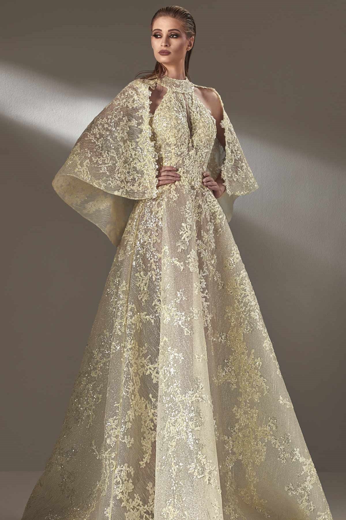 Cape Sleeve A-Line Gown