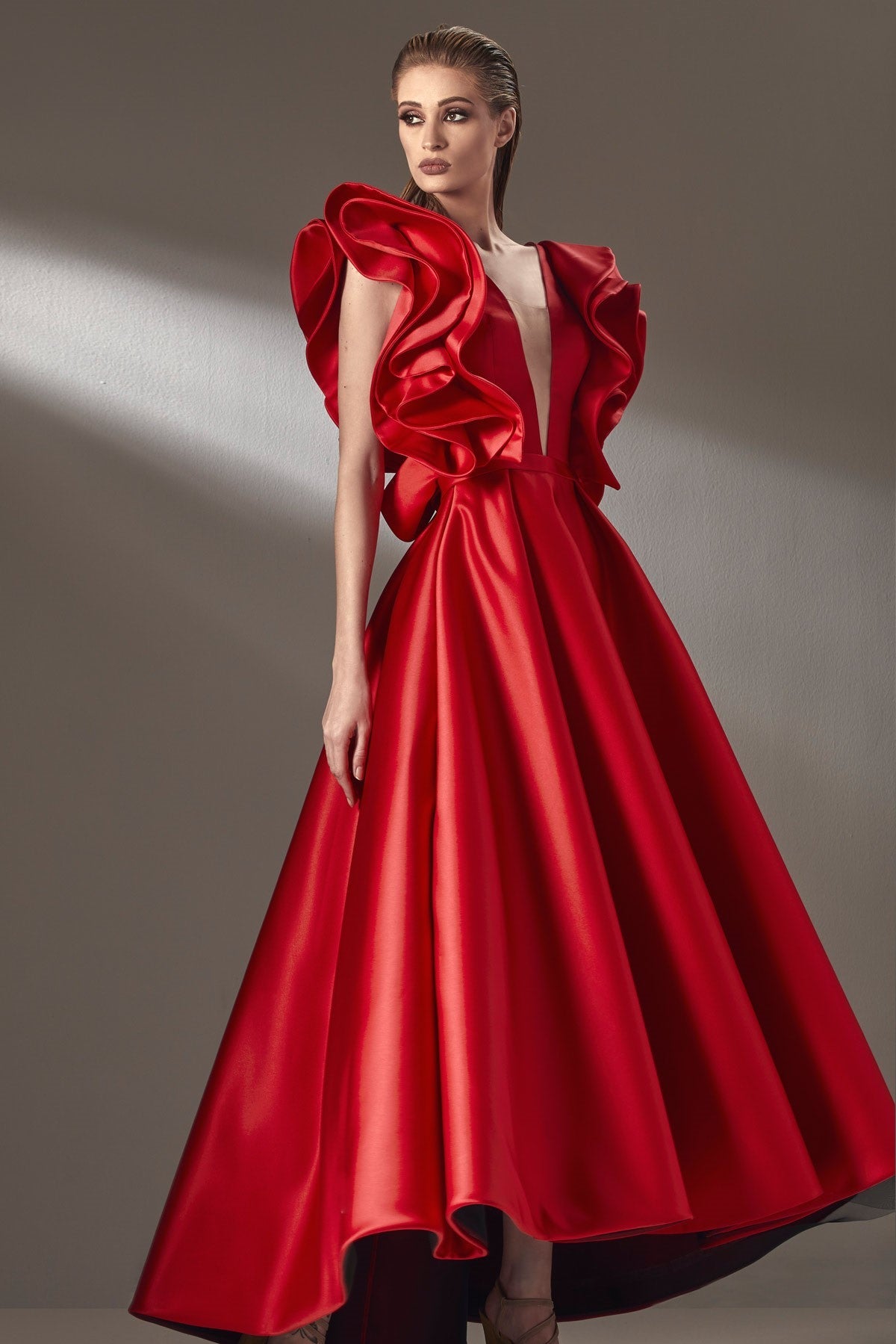 Ruffled High-Low Gown