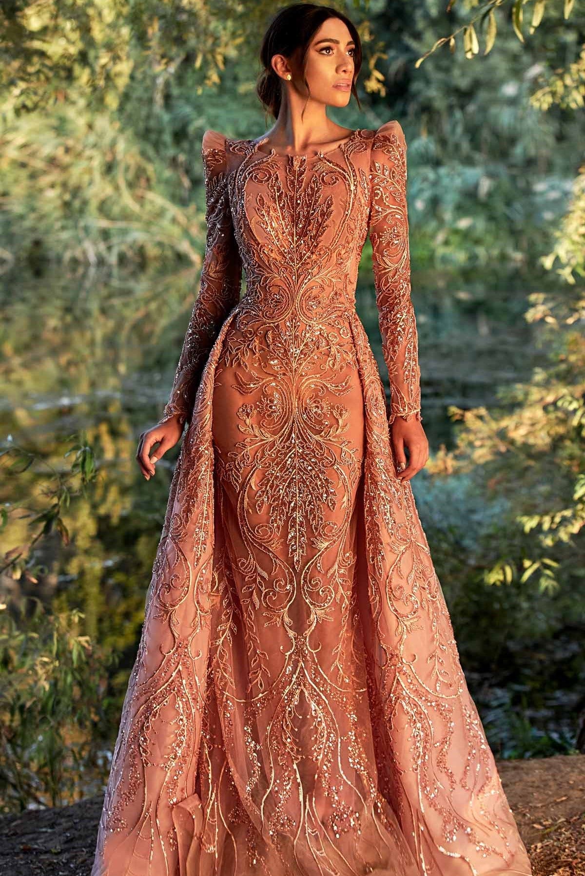 Long Sleeve Sequin Train Gown
