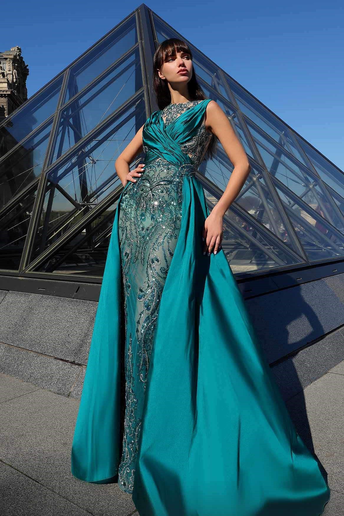 Embellished Sleeveless Gown with Overskirt