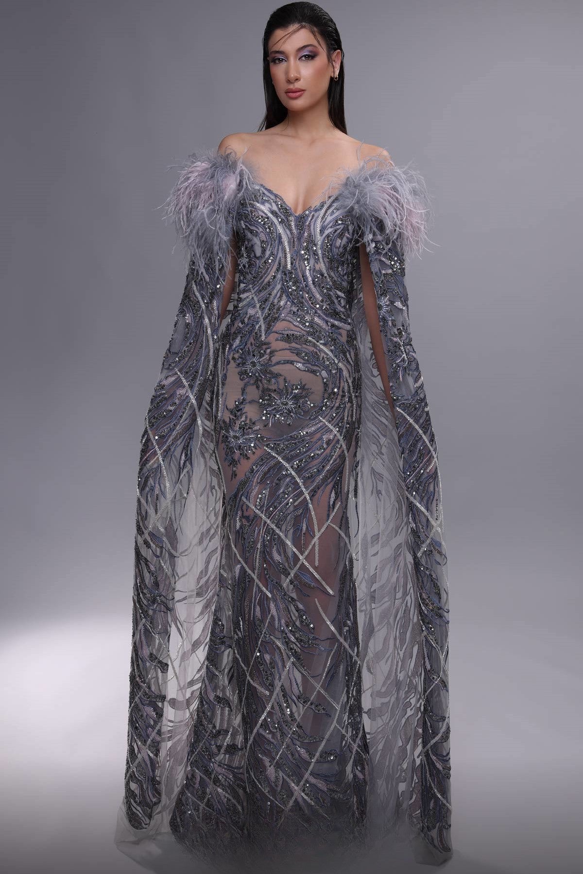 Fully Embellished Cape Sleeve Gown