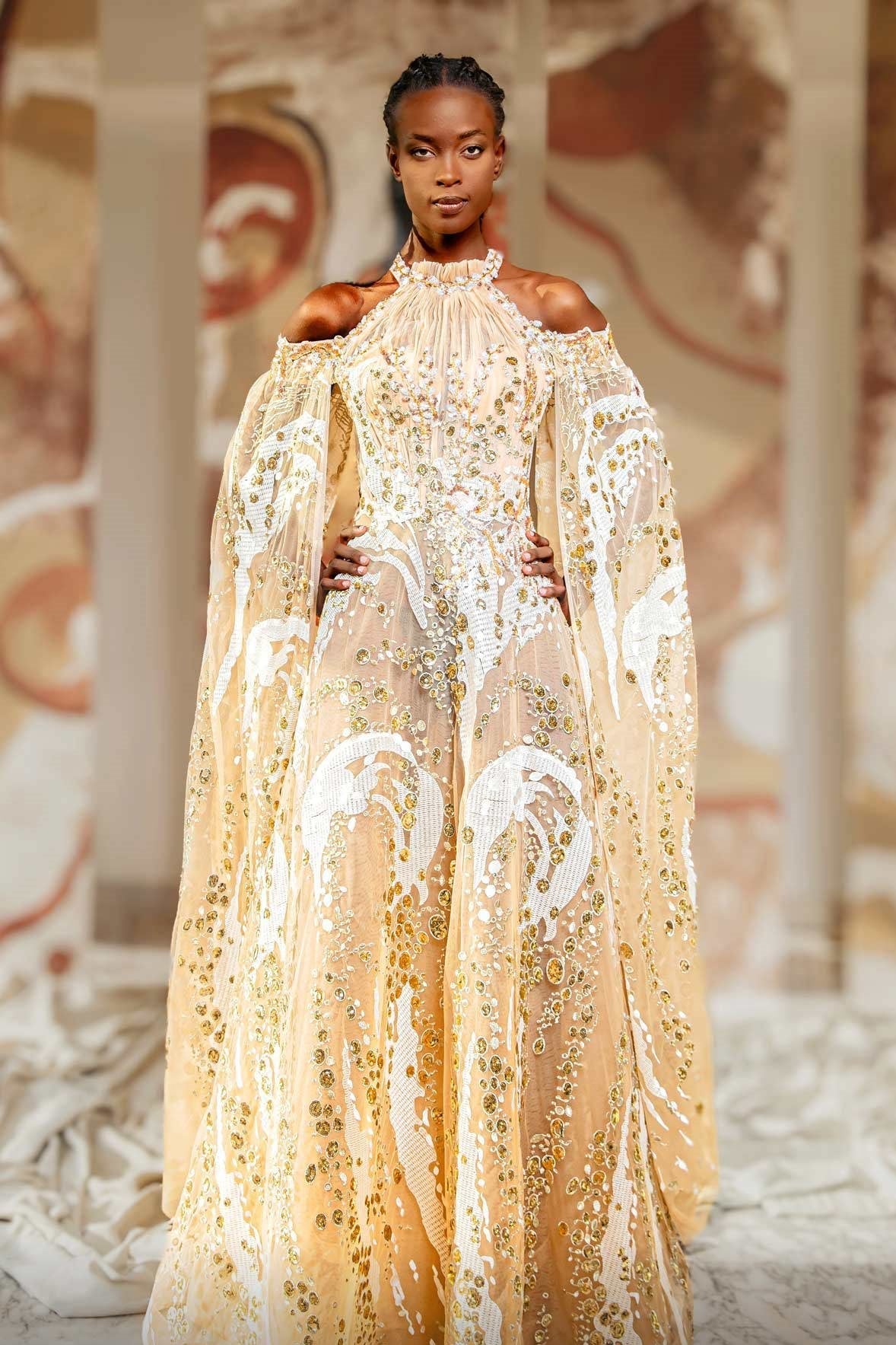 Embellished A-Line Cape Sleeve Gown
