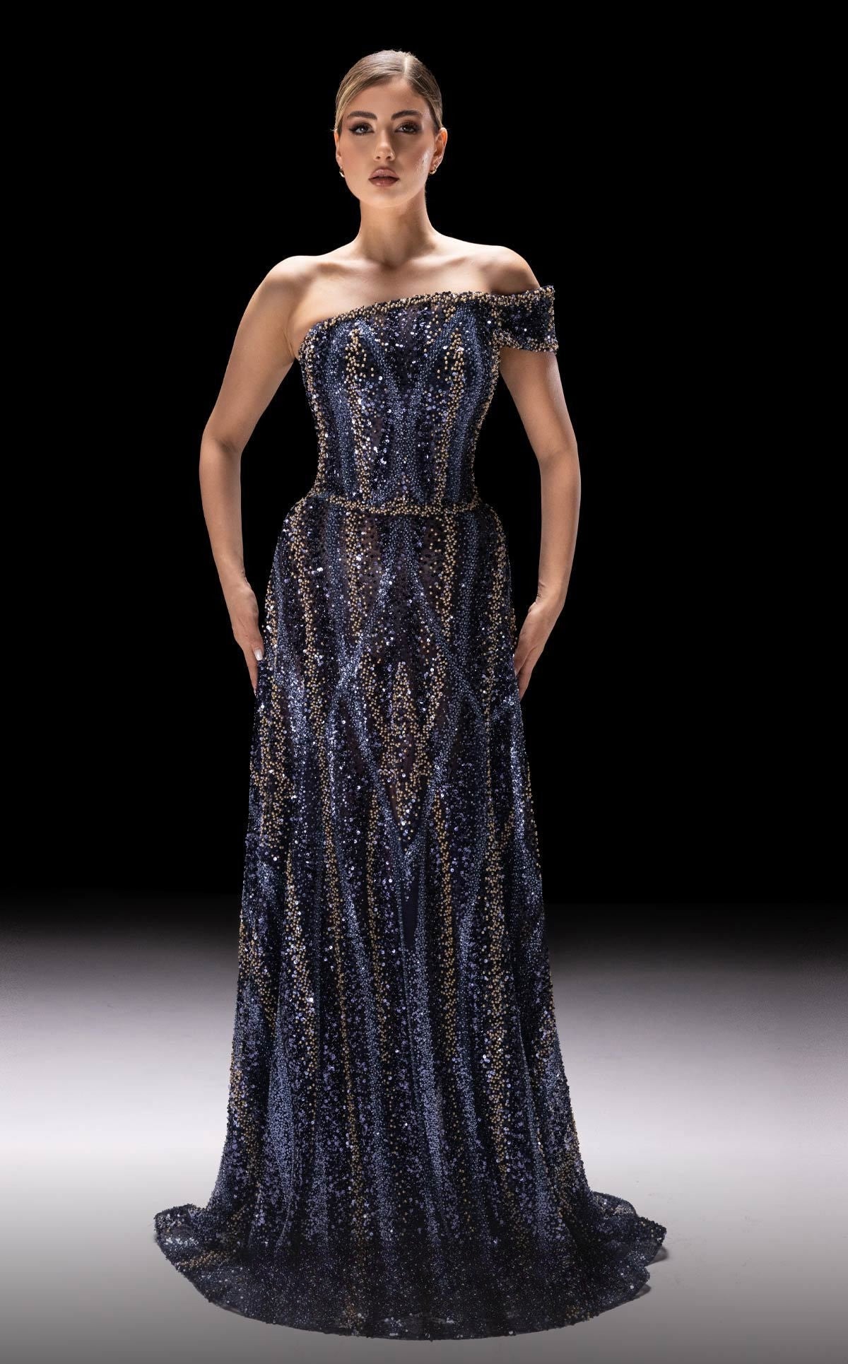 Banded Sleeve Embellished Gown