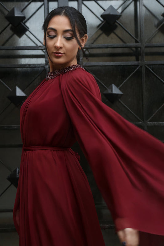 Cape-Sleeve Tiered Chiffon Kaftan