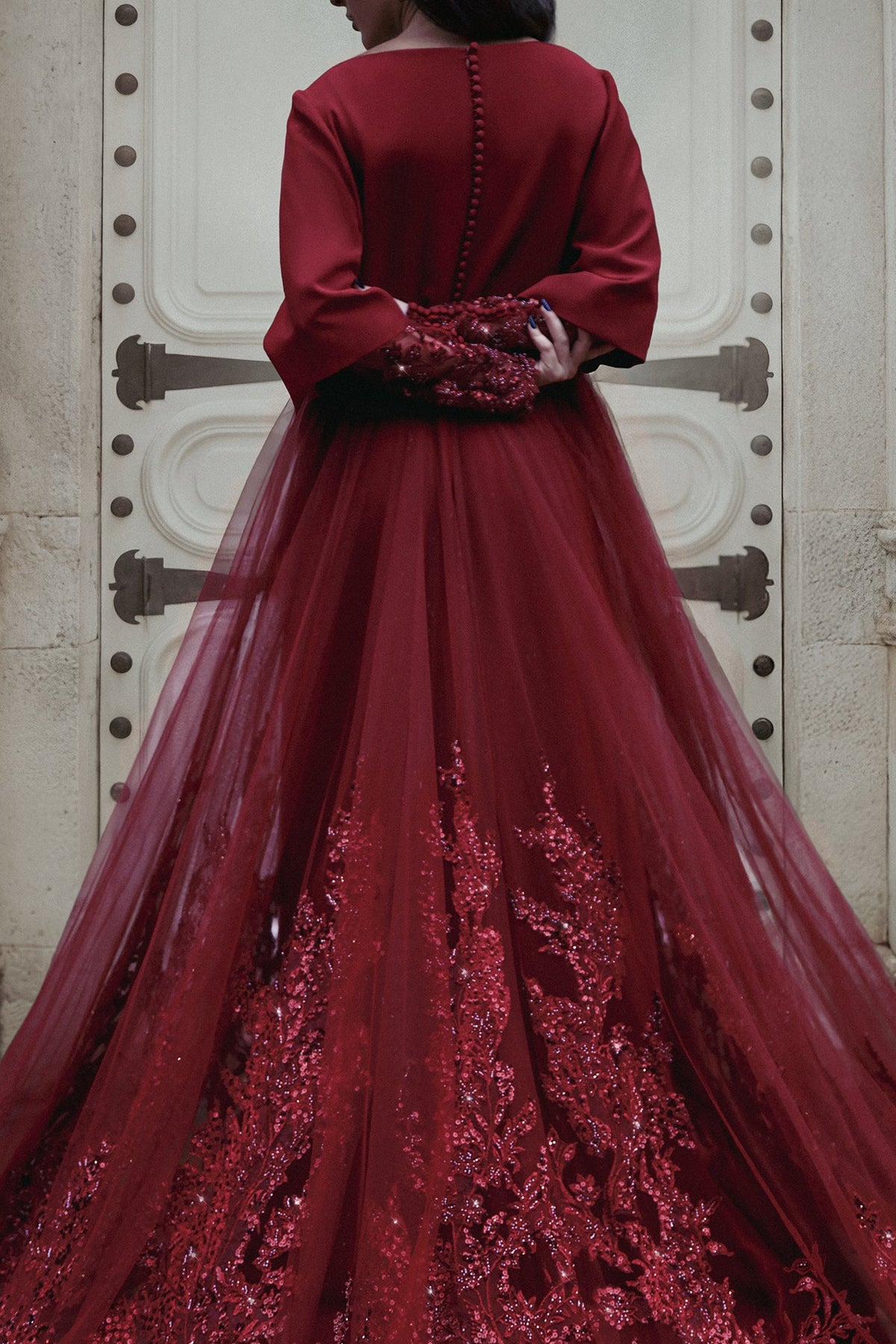 Bell-Sleeve Tulle-Train Kaftan