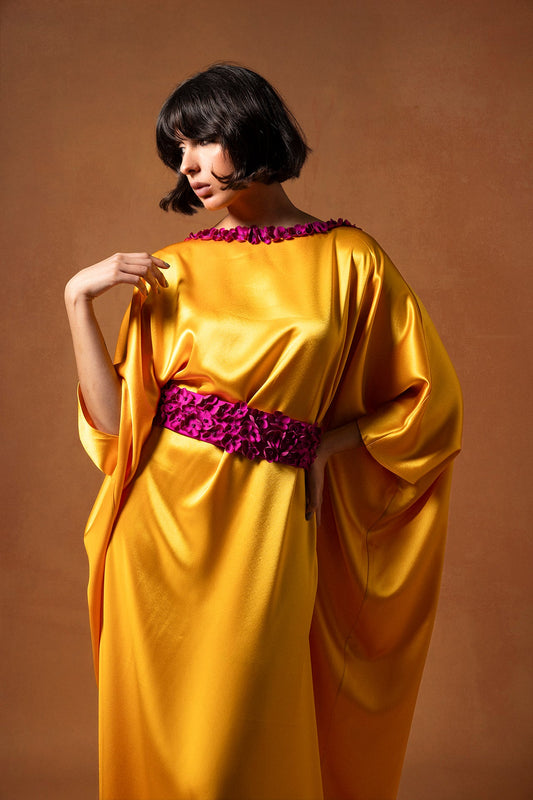 Flower-Trimmed Batwing-Sleeve Kaftan