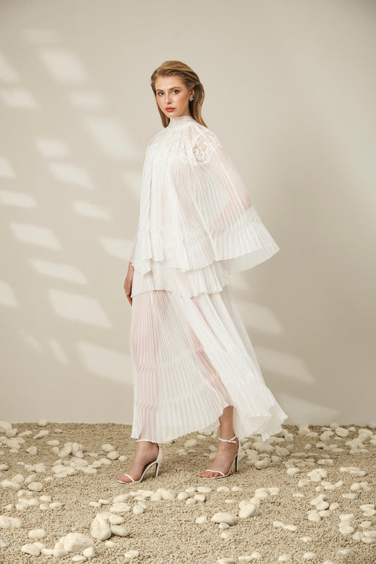 Lace-Trimmed Pleated Maxi Dress