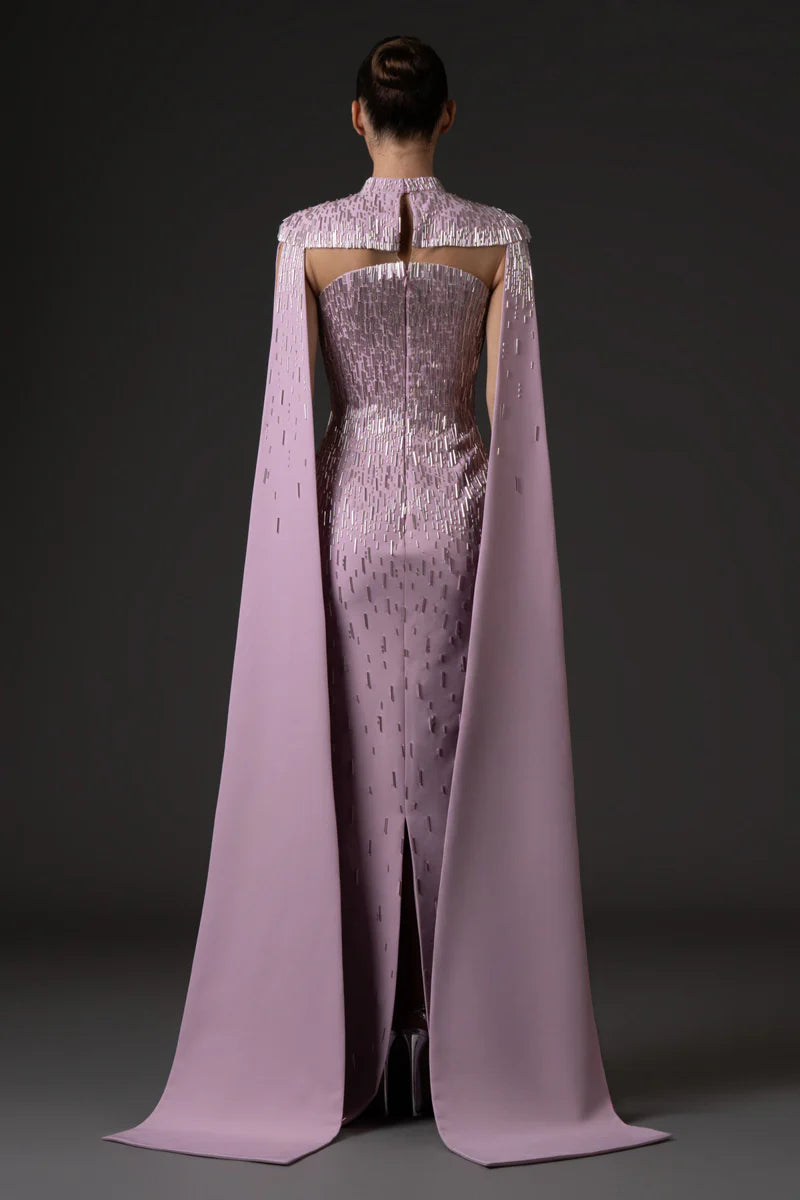 Lavender Pink Crêpe Dress with Cape Sleeves
